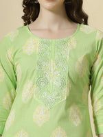 Thumbnail for Yufta Green Pure Cotton Floral PrintThreadWork Kurta Dupatta Pant Set