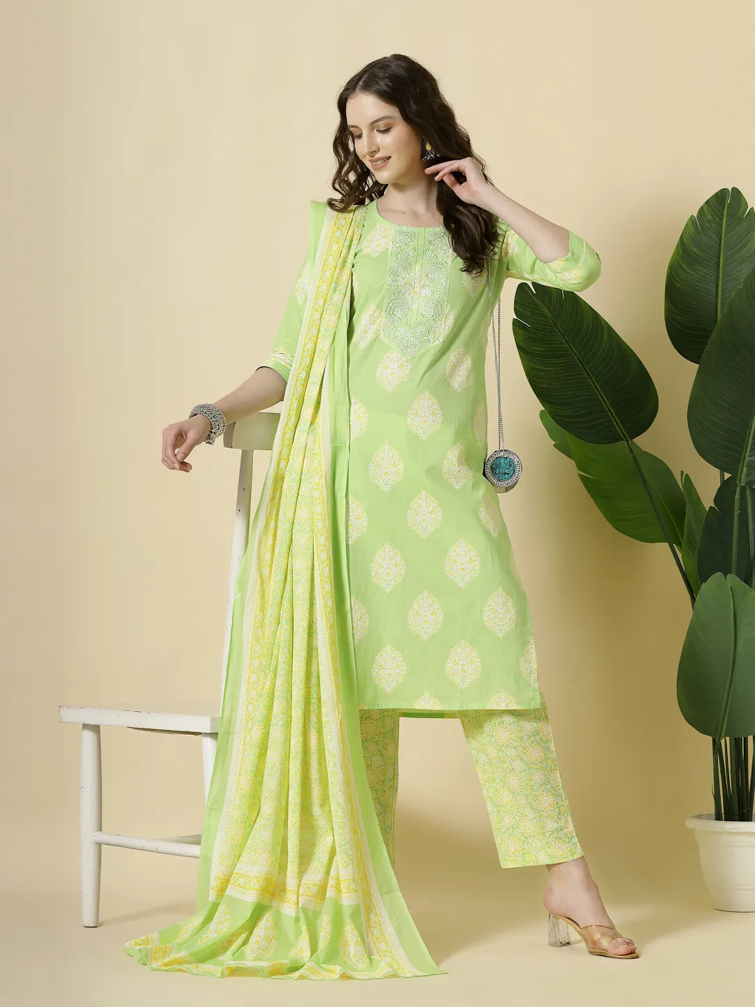 Yufta Green Pure Cotton Floral PrintThreadWork Kurta Dupatta Pant Set
