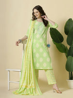 Thumbnail for Yufta Green Pure Cotton Floral PrintThreadWork Kurta Dupatta Pant Set