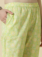 Thumbnail for Yufta Green Pure Cotton Floral PrintThreadWork Kurta Dupatta Pant Set