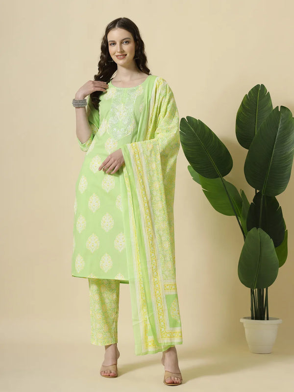 Yufta Green Pure Cotton Floral PrintThreadWork Kurta Dupatta Pant Set