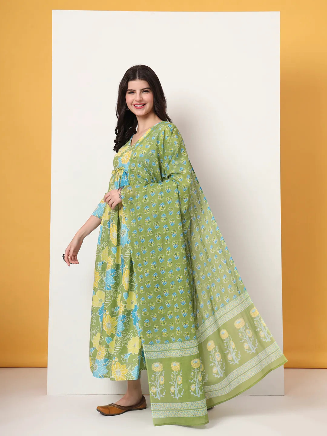 Yufta Green Pure Cotton Maternity Anarkali Kurta Trouser Dupatta Set - Distacart
