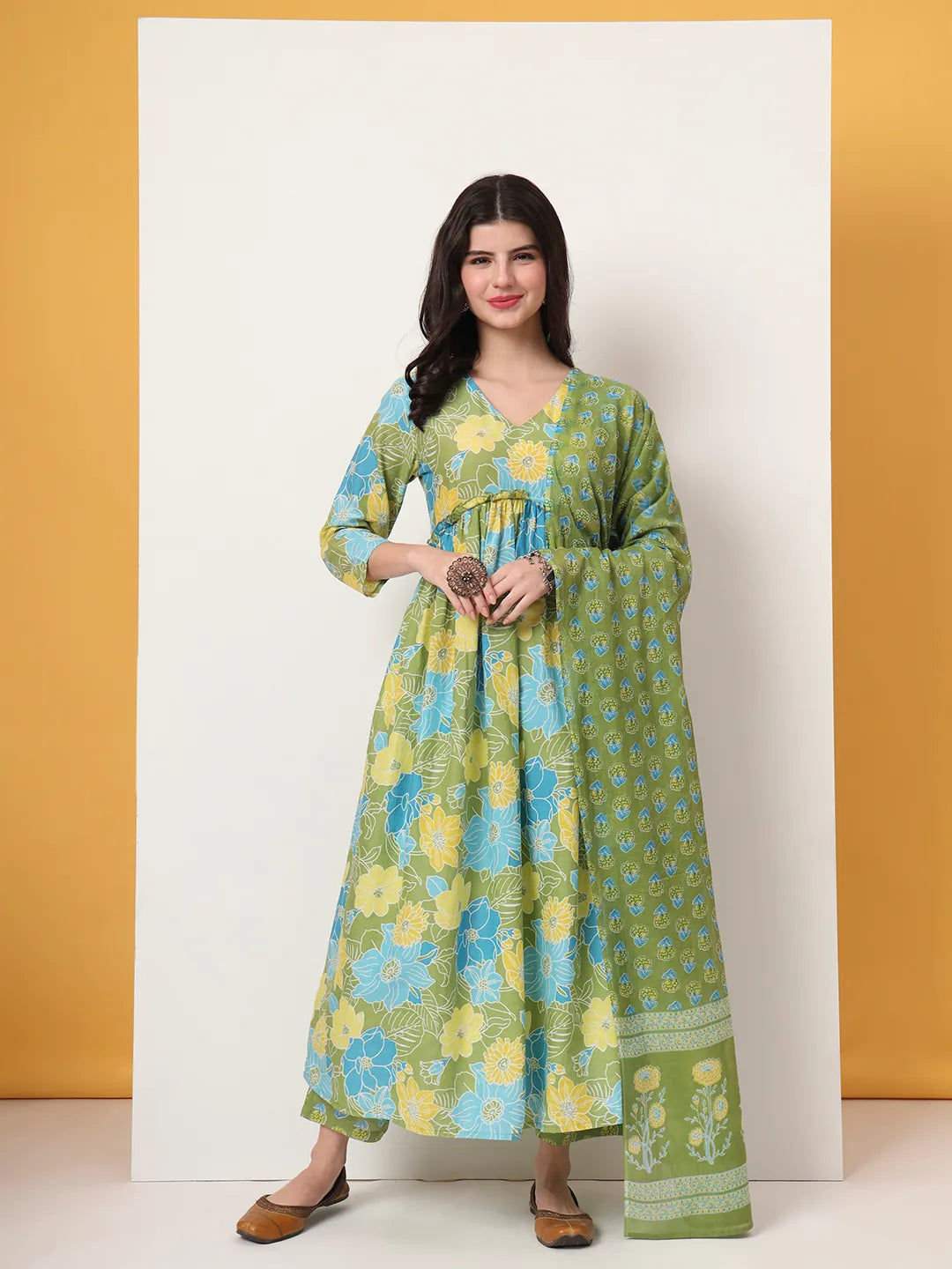 Yufta Green Pure Cotton Maternity Anarkali Kurta Trouser Dupatta Set