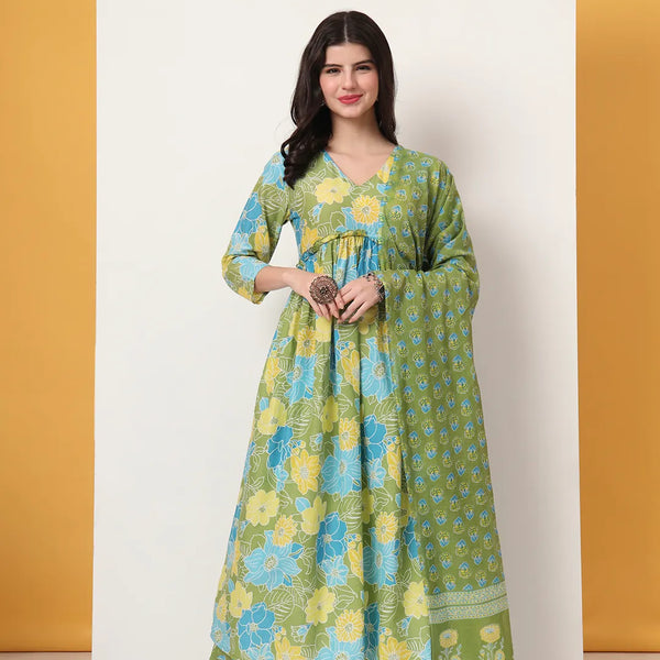 Yufta Green Pure Cotton Maternity Anarkali Kurta Trouser Dupatta Set - Distacart