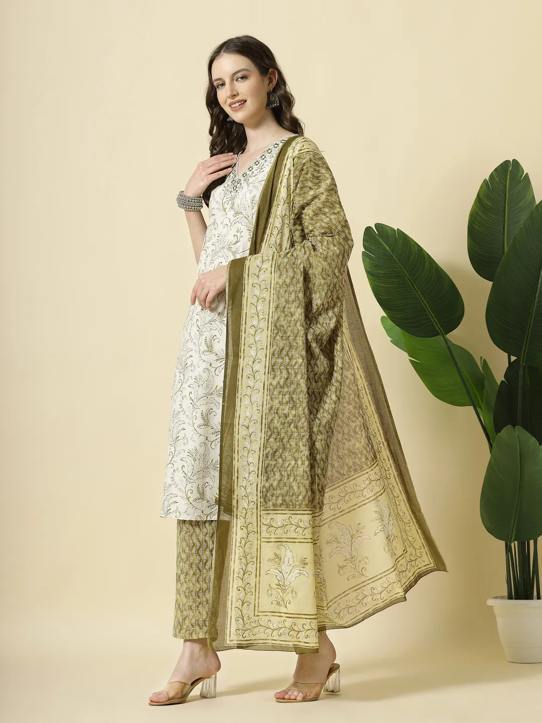 Yufta Green Pure Cotton Paisley Thread Work Kurta Dupatta Pant Set - Distacart