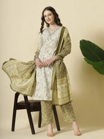 Thumbnail for Yufta Green Pure Cotton Paisley Thread Work Kurta Dupatta Pant Set