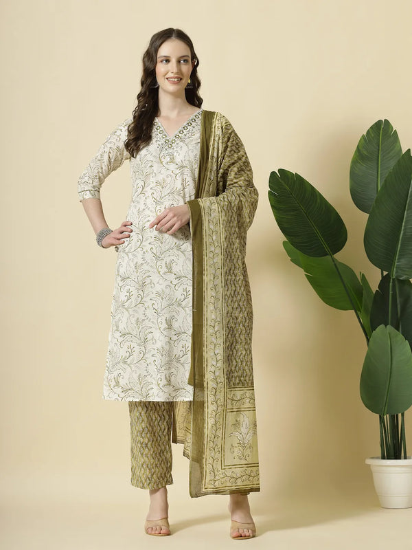 Yufta Green Pure Cotton Paisley Thread Work Kurta Dupatta Pant Set