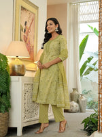 Thumbnail for Yufta Green Pure Cotton Thread Work Sequins Work Kurta Dupatta Pant Set