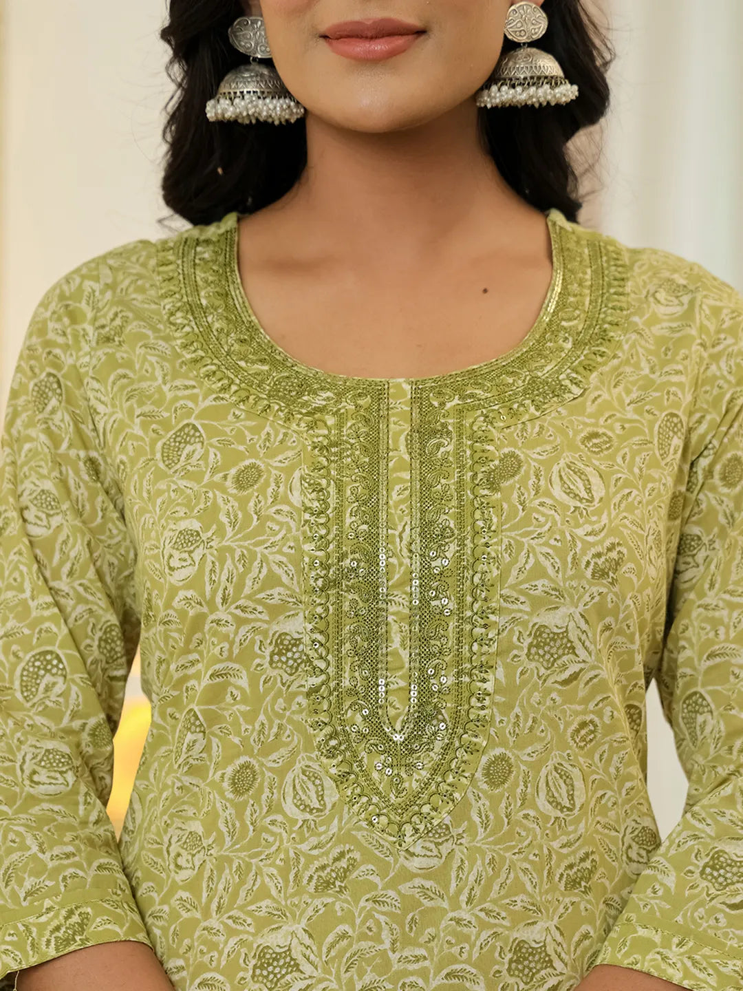 Yufta Green Pure Cotton Thread Work Sequins Work Kurta Dupatta Pant Set