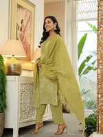 Thumbnail for Yufta Green Pure Cotton Thread Work Sequins Work Kurta Dupatta Pant Set