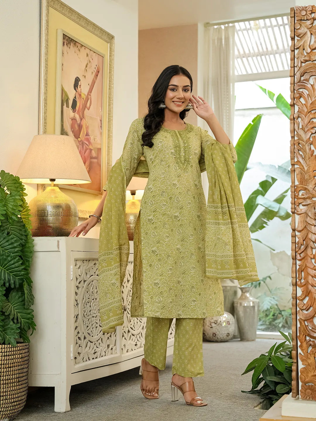 Yufta Green Pure Cotton Thread Work Sequins Work Kurta Dupatta Pant Set