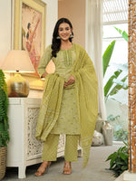 Thumbnail for Yufta Green Pure Cotton Thread Work Sequins Work Kurta Dupatta Pant Set