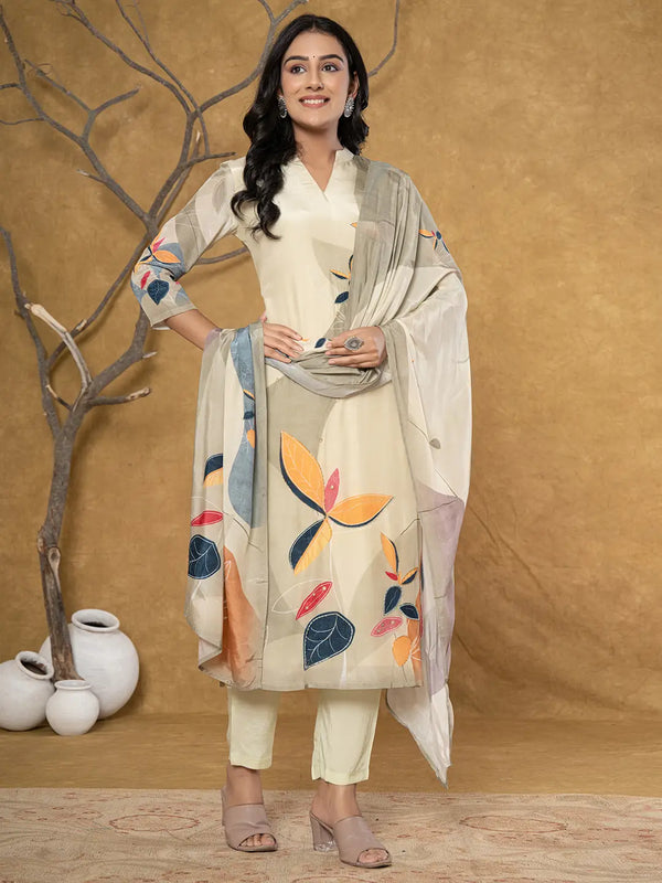 Yufta Green Pure Crepe Placement Print Kurta Dupatta Set