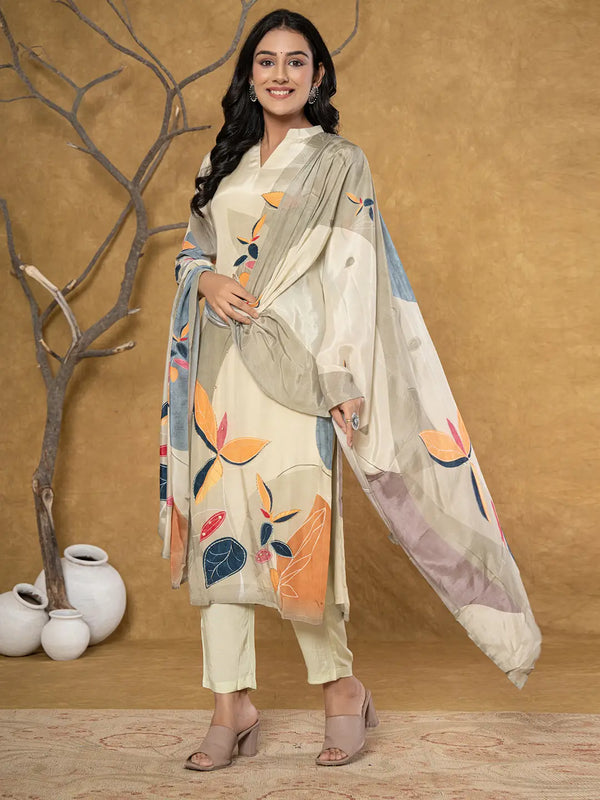 Yufta Green Pure Crepe Placement Print Kurta Dupatta Set