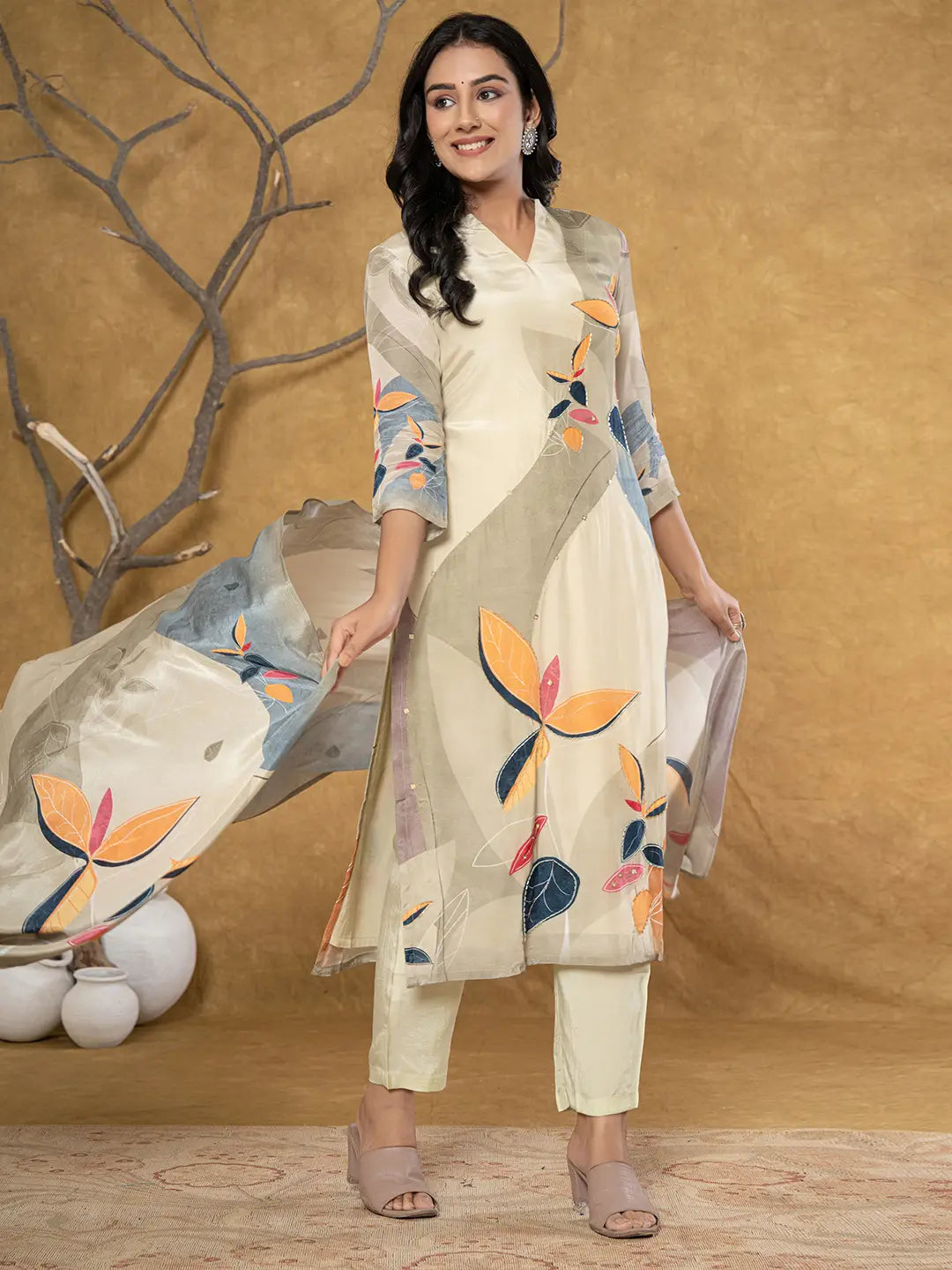 Yufta Green Pure Crepe Placement Print Kurta Dupatta Set