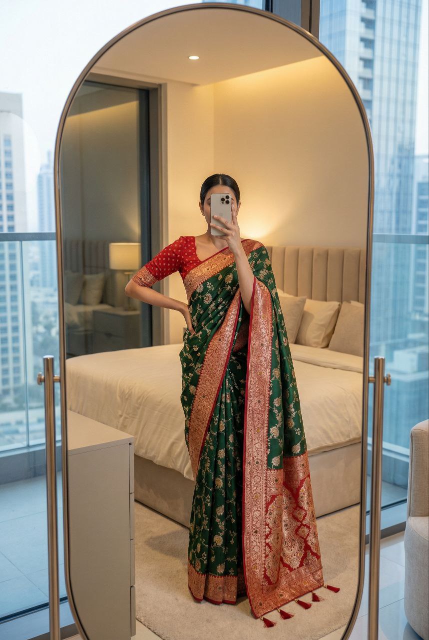 Mameraa Sarees Green Soft Silk Blend Saree With Zari Weaving Meenakari Design-Green - Dista