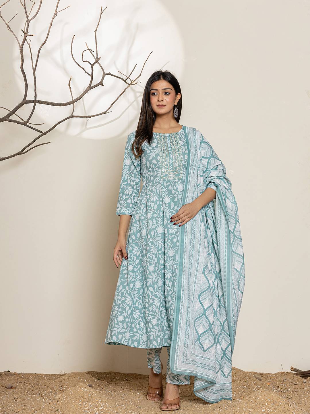 Yufta Green Sequins Workthread Work Cotton Anarkali Kurta And Trouser With Dupatta - Distacart