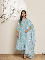 Thumbnail for Yufta Green Sequins Workthread Work Cotton Anarkali Kurta And Trouser With Dupatta - Distacart