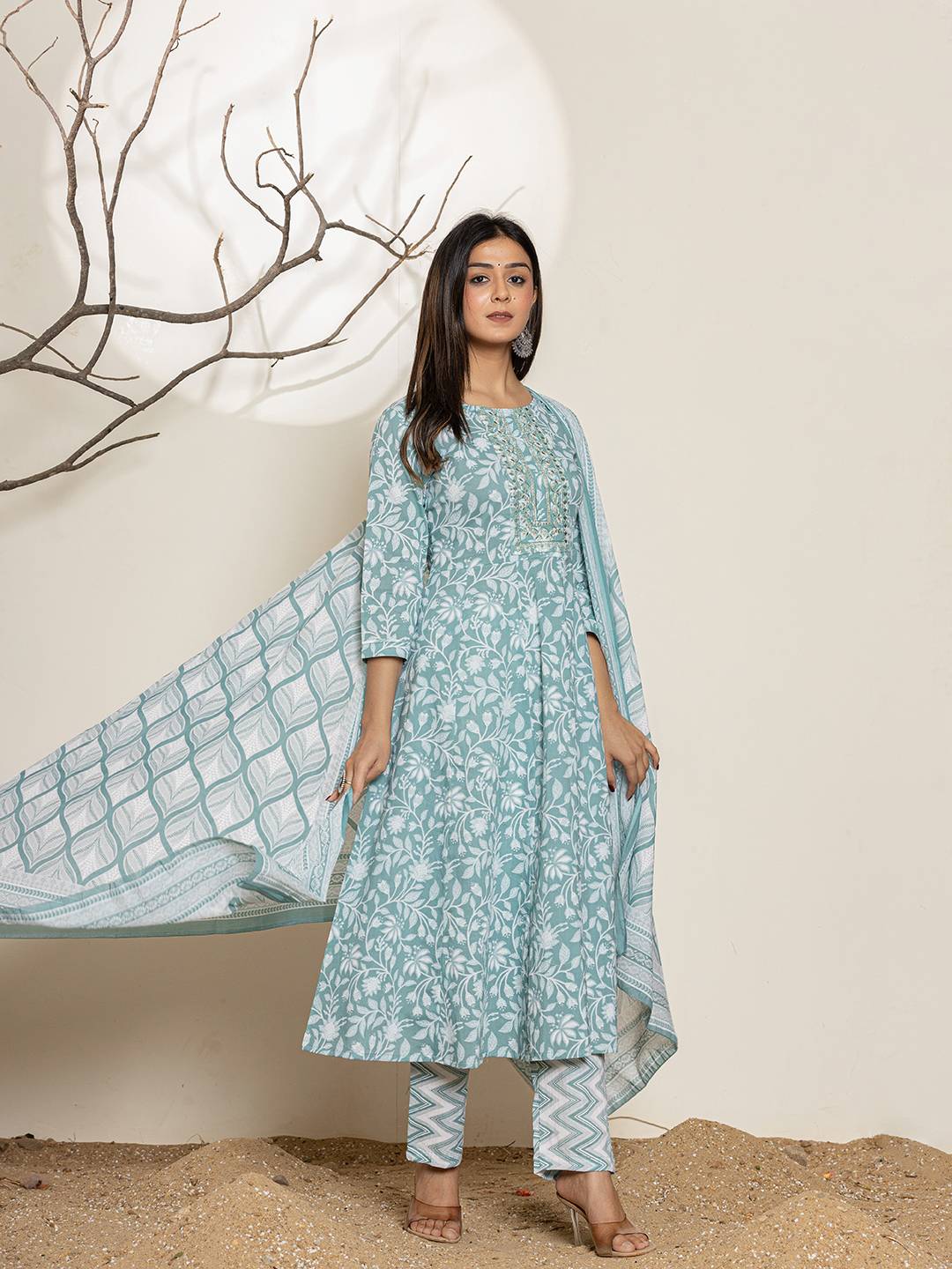 Yufta Green Sequins Workthread Work Cotton Anarkali Kurta And Trouser With Dupatta - Distacart