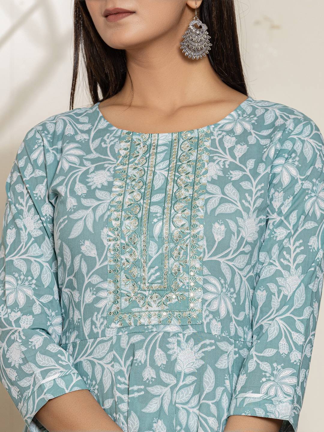 Yufta Green Sequins Workthread Work Cotton Anarkali Kurta And Trouser With Dupatta - Distacart