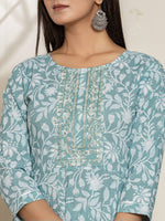 Thumbnail for Yufta Green Sequins Workthread Work Cotton Anarkali Kurta And Trouser With Dupatta - Distacart