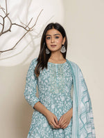 Thumbnail for Yufta Green Sequins Workthread Work Cotton Anarkali Kurta And Trouser With Dupatta - Distacart