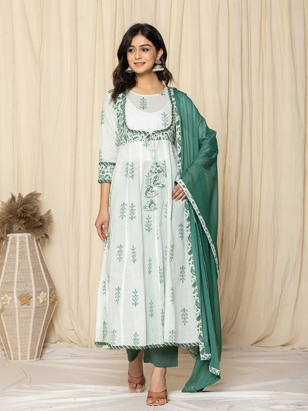 Yufta Green Sequins_Work Cotton Anarkali Kurta And Trouser With Dupatta Set