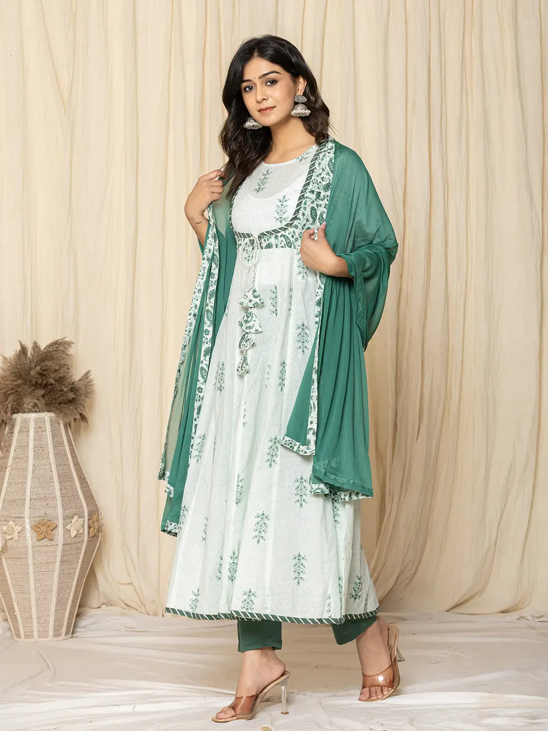 Yufta Green Sequins_Work Cotton Anarkali Kurta And Trouser With Dupatta Set - Distacart