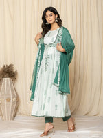 Thumbnail for Yufta Green Sequins_Work Cotton Anarkali Kurta And Trouser With Dupatta Set