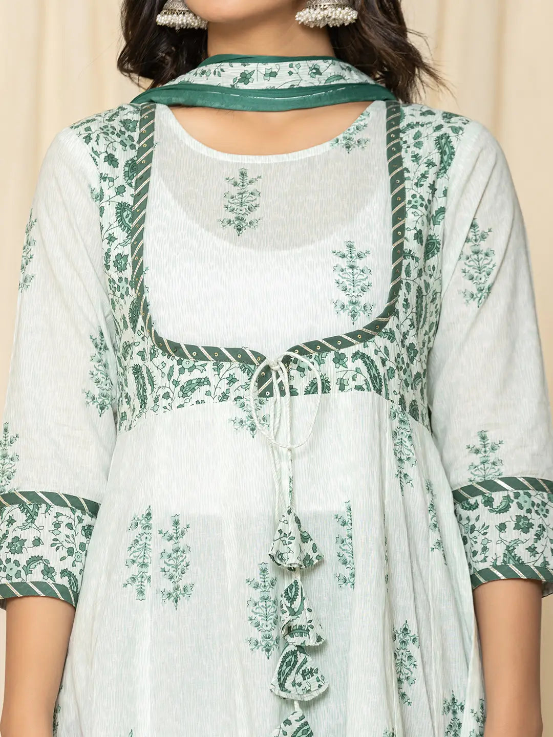 Yufta Green Sequins_Work Cotton Anarkali Kurta And Trouser With Dupatta Set