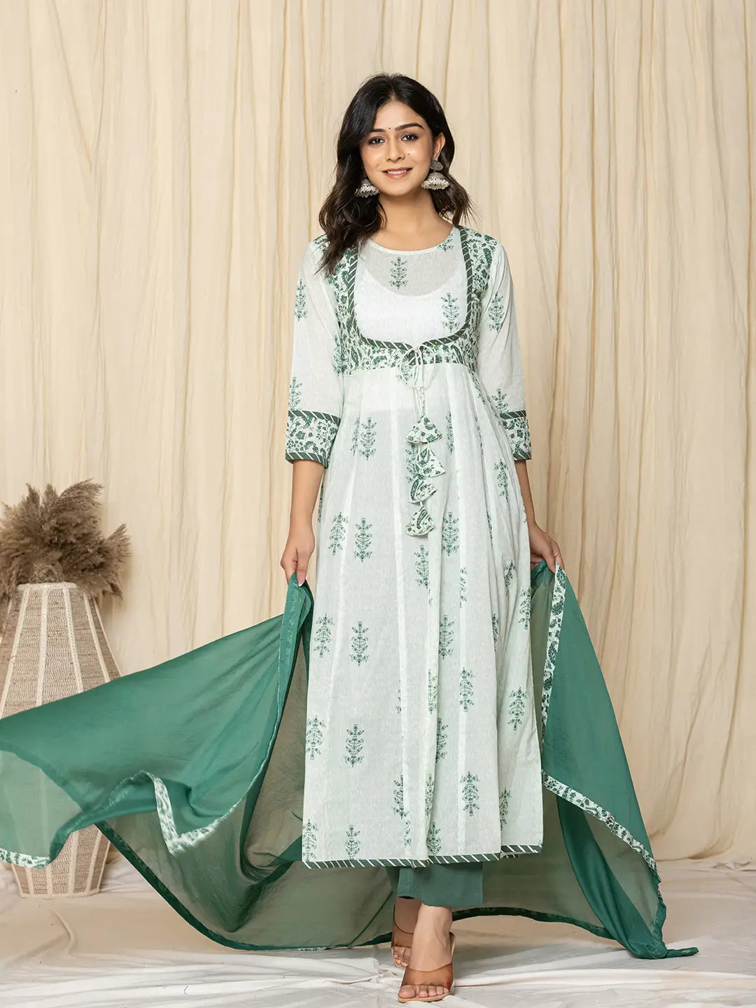 Yufta Green Sequins_Work Cotton Anarkali Kurta And Trouser With Dupatta Set
