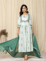 Thumbnail for Yufta Green Sequins_Work Cotton Anarkali Kurta And Trouser With Dupatta Set