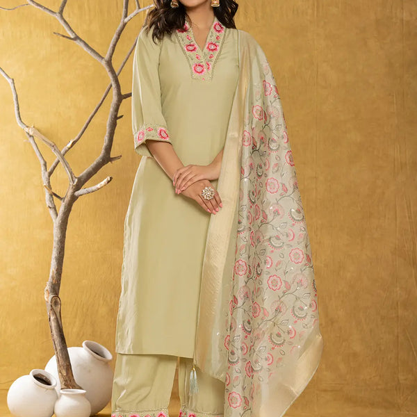 Yufta Green Silk Blend Pakistani Style Kurta Dupatta Set - Distacart