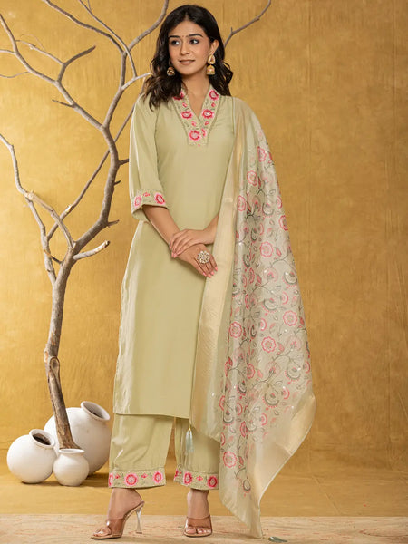 Yufta Green Silk Blend Pakistani Style Kurta Dupatta Set