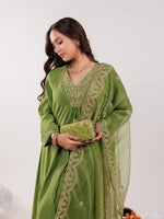 Thumbnail for Yufta Green Silk Embroidered Kurta Dupatta Set