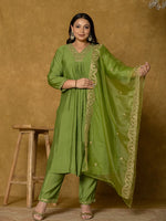 Thumbnail for Yufta Green Silk Embroidered Plus Size Kurta Dupatta Set