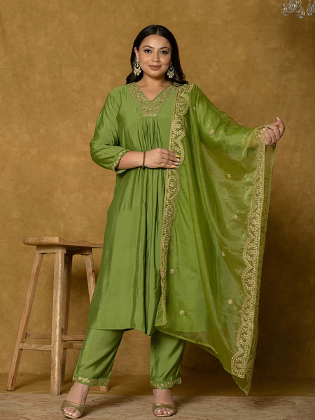 Yufta Green Silk Embroidered Plus Size Kurta Dupatta Set