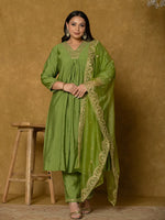 Thumbnail for Yufta Green Silk Embroidered Plus Size Kurta Dupatta Set