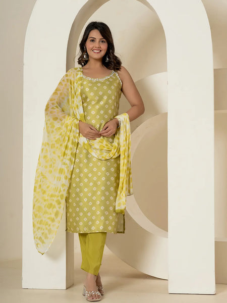 Yufta Green Silk Kurta Dupatta Pant Set