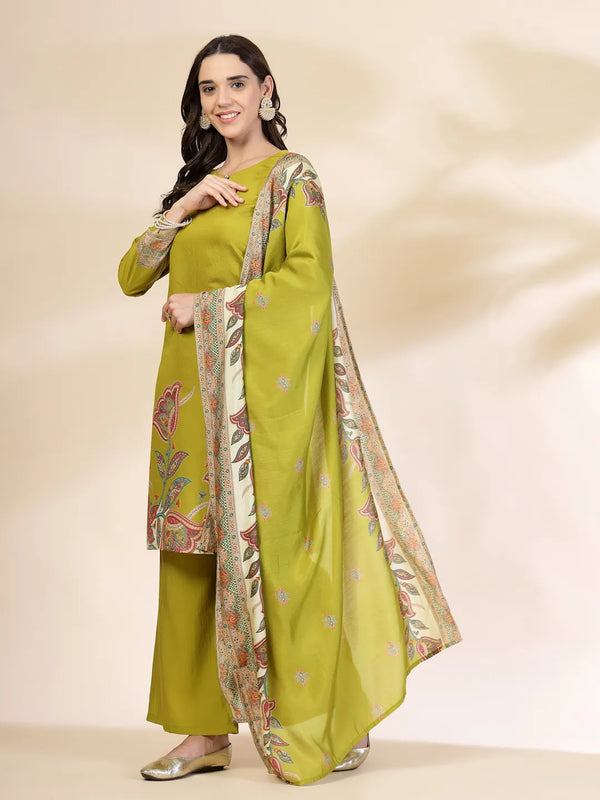 Yufta Green Silk Straight Kurta With Palazzo Dupatta Set