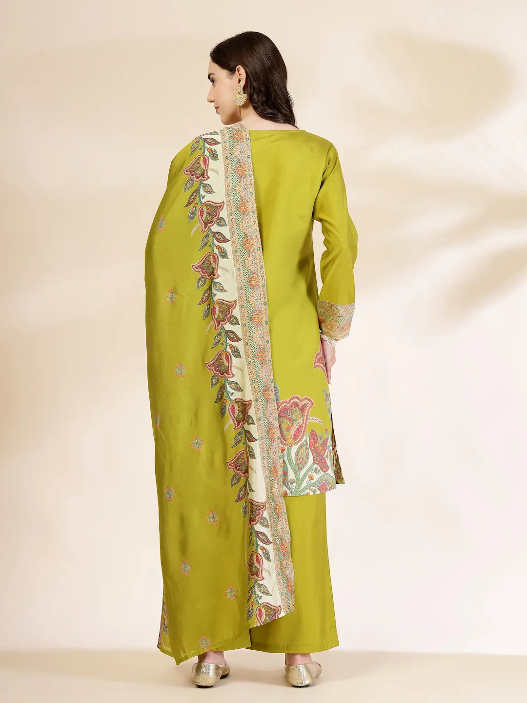 Yufta Green Silk Straight Kurta With Palazzo Dupatta Set