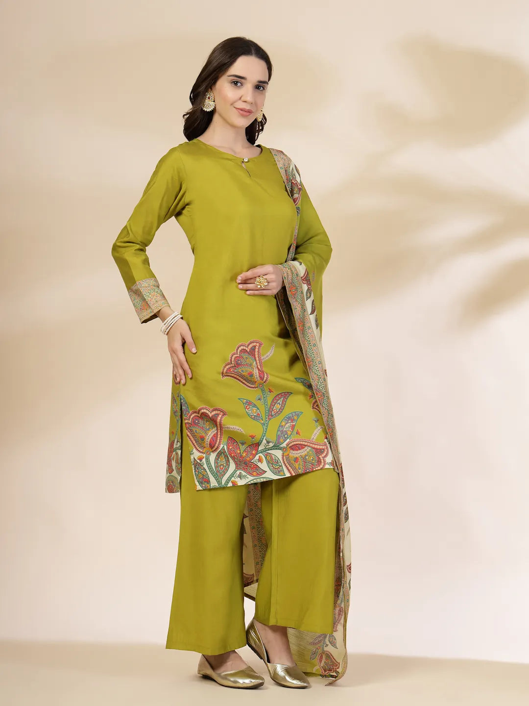 Yufta Green Silk Straight Kurta With Palazzo Dupatta Set