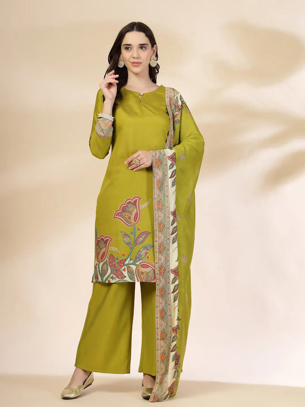 Yufta Green Silk Straight Kurta With Palazzo Dupatta Set