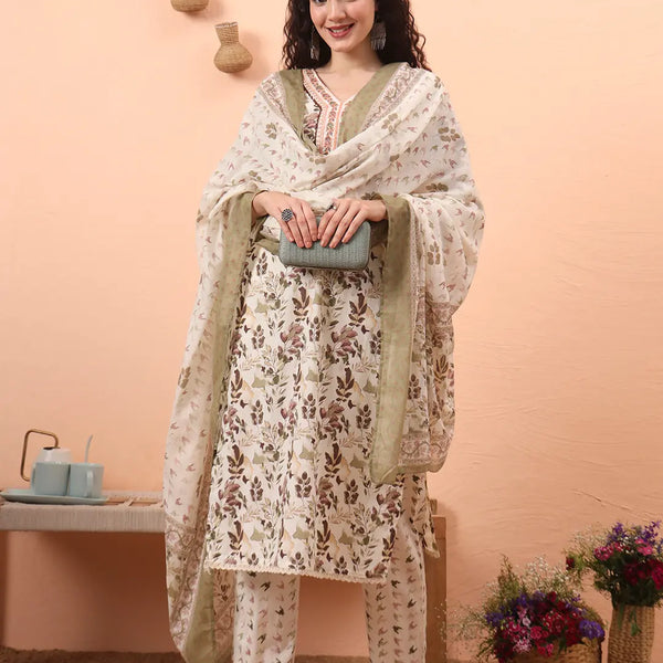 Yufta Green Straight Thared Work Kurta Trouser Dupatta Set - Distacart