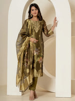Thumbnail for Yufta Green Tissue Kurta Dupatta Pant Set