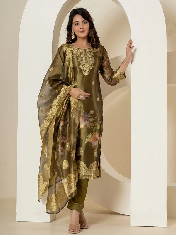 Yufta Green Tissue Kurta Dupatta Pant Set