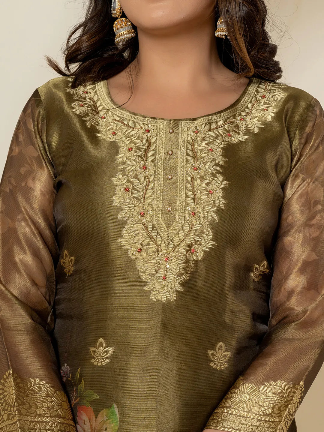 Yufta Green Tissue Kurta Dupatta Pant Set