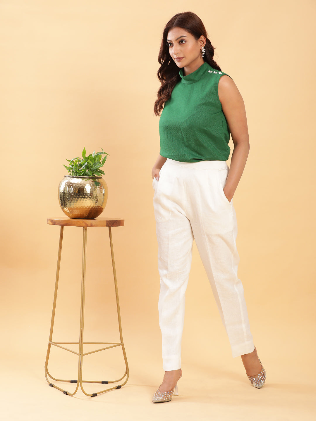 BohoJazz Green Fitted Top with Off-White Trousers Co-ord Set