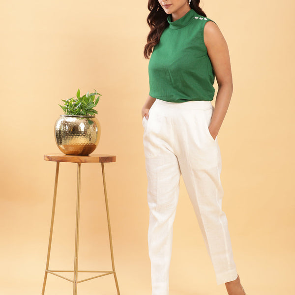 BohoJazz Green Fitted Top with Off-White Trousers Co-ord Set