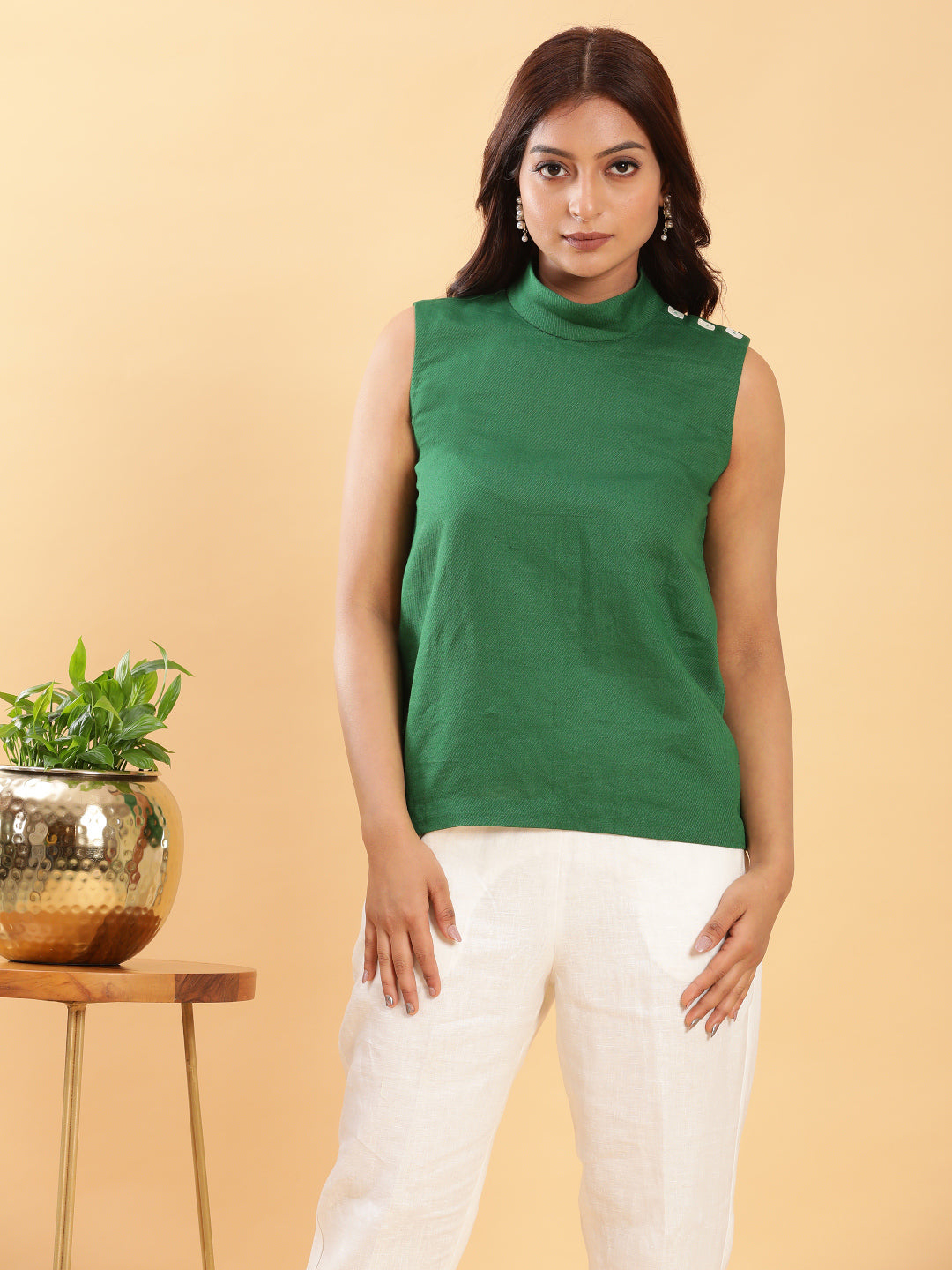 BohoJazz Green Fitted Top with Off-White Trousers Co-ord Set